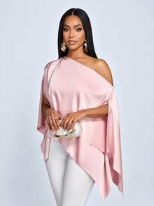 SOLERSUN Women's Elegant Sexy Flowy Asymmetric Shoulder Cape Sleeve Asymmetric Hem Satin Blouse - Dusty Pink - View 3