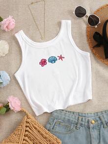 INAWLY Áo tank top cổ tròn dành cho nữ với họa tiết thêu hoa Hawaii, vỏ sò và sao biển. - trắng - Xem 4
