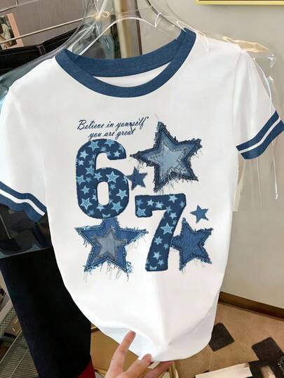 Resyla 热销复古牛仔拼接星星67号印花女式短袖T恤，日常穿着，适合上学、通勤、购物、约会和店铺打卡，时尚吸睛的春夏风格