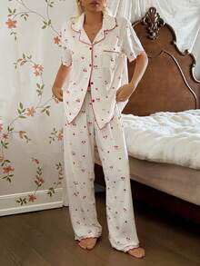 SHEIN Women's Casual Knit Jacquard Cherry Letter Print Short Sleeve Pajama Set - Multicolor - View 1