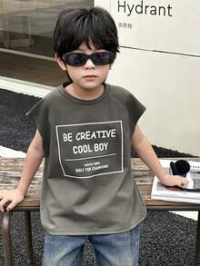 SHEIN Young Boy Comfortable Letter Patched Casual Tank Top,Suitable For Outdoor Activities, School,Home Leisure And Professional Sports Young Boys T Shirts Young Boys Tank Tops - Grey - View 5