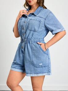 SHEIN CURVE+ 大码女式短袖单排扣休闲宽松牛仔连体裤，带口袋，春夏皆宜，适合嘉年华、通勤、度假、毕业典礼等场合，时尚百搭，Y2K风格，可爱街头风，适合派对、婚礼、商务休闲等场合。浅色水洗牛仔连体裤，翻领设计，收腰剪裁，适合日常穿着，蓝色。 - 藍色 - 查看 3