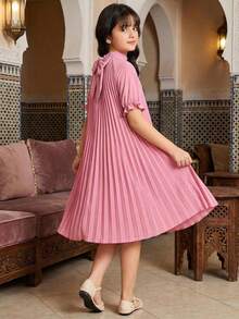 Tween Girl Spring/Summer Casual Vacation Commute Elegant Pleated Full Skirt Raglan Sleeve Back Large Bow Decor Short Sleeve Woven Solid Color Dress Pink Tween Girl - Pink - View 1