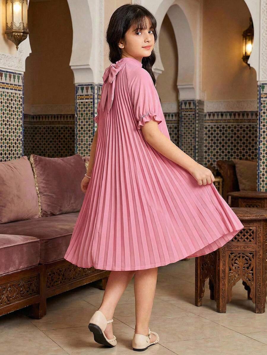 Tween Girl Spring/Summer Casual Vacation Commute Elegant Pleated Full Skirt Raglan Sleeve Back Large Bow Decor Short Sleeve Woven Solid Color Dress Pink Tween Girl - Pink - View 1