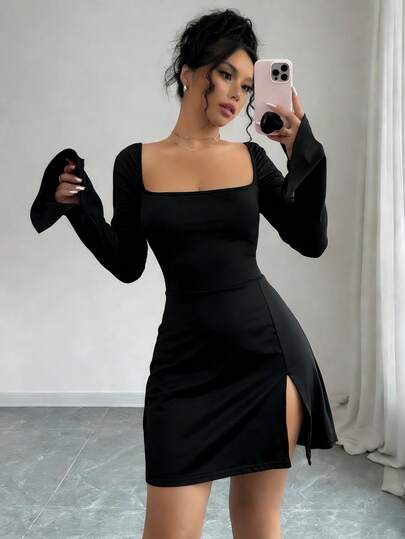 Vestido con Minifalda con fruncido delantero, diseño lateral, estilo Pure Desire, para uso al aire libre, sexy, adecuada para boda, cita, Navidad, San Valentín, vuelta al colegio, ropa de mujer para otoño/invierno