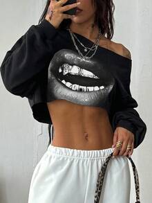 Coolane Casual Street Style Black Base Black & Gray Mouth Print Graphic Off-Shoulder Cropped Sweatshirt, Suitable For Fitness, Dance, Autumn/Winter, Spring, Versatile