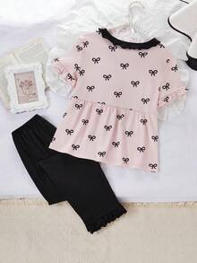 女童睡衣，粉色蝴蝶结优雅设计，柔软舒适的牛奶丝面料，黑色长裤两件套睡衣套装 - 彩色 - 查看 3