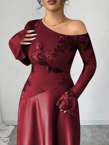Modelyn 大码女式性感不对称肩部网纱刺绣长袖高腰连衣裙 - 酒紅色 - 查看 6