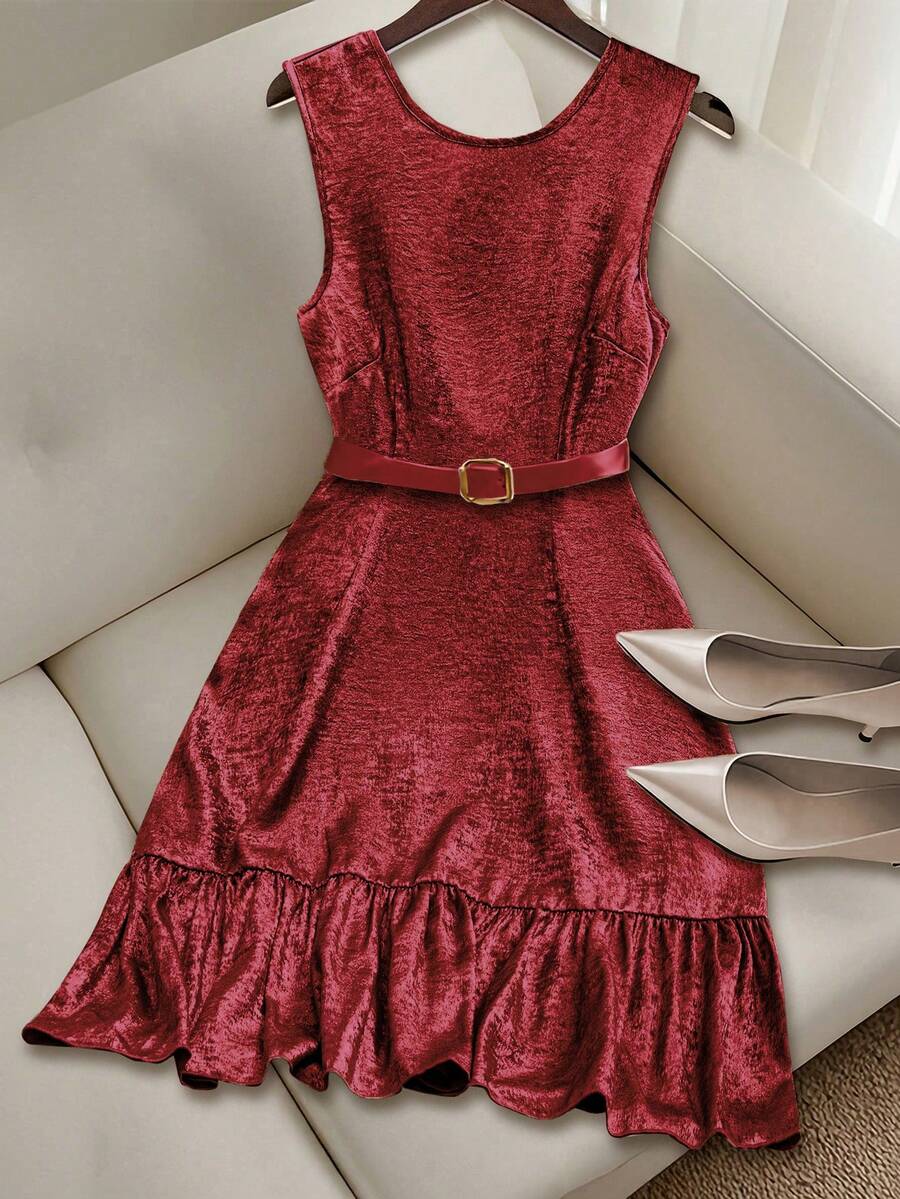 SHEIN Clasi Women's Summer Woven Metallic Thread Sleeveless Fitted Backless Tie-Up Short A-Line Ruffle Hem Casual Vacation Dress - Cherry Red - View 1
