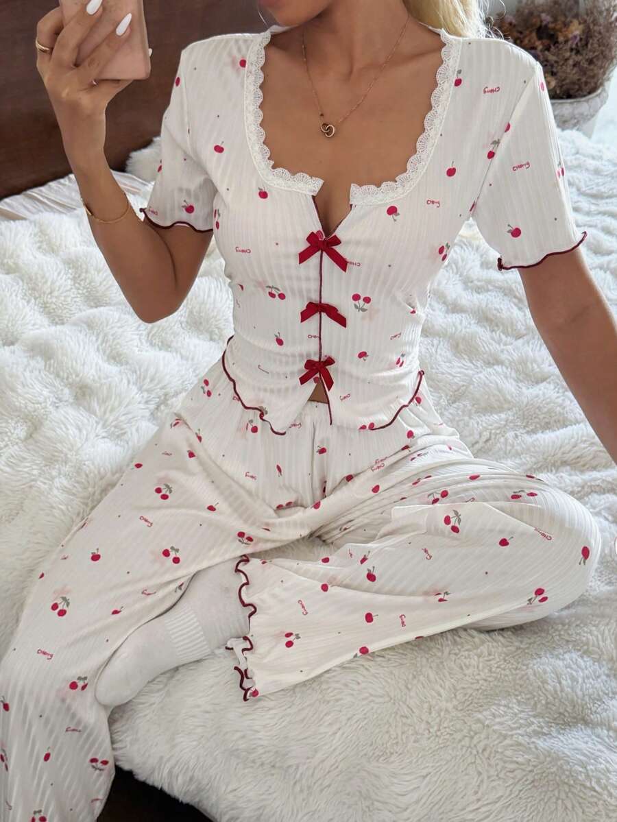 CottageSlumber Bộ đồ ngủ dệt kim ren in hình quả anh đào - Nhiều màu - Xem 1