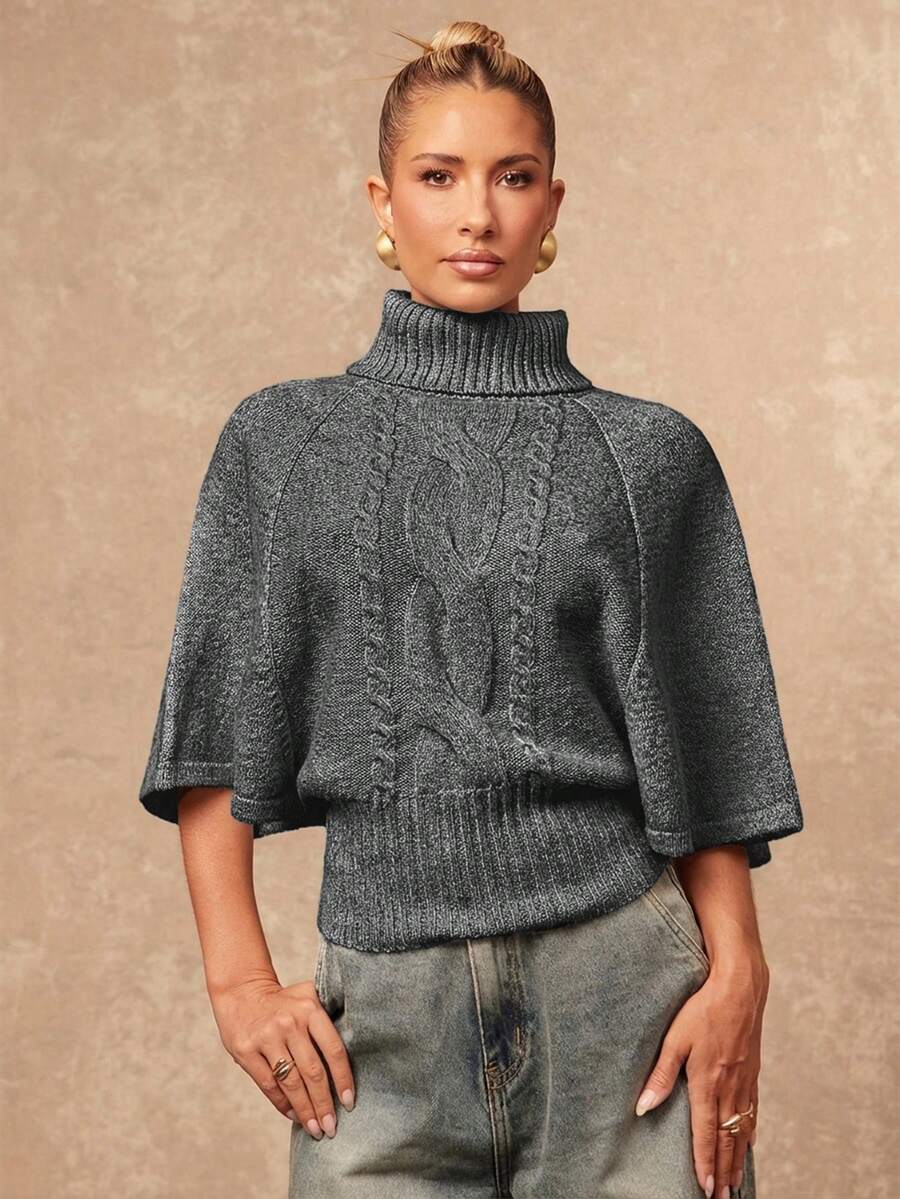 Lumalex Turtleneck Short Sleeve Cinched Waist Batwing Sleeve Cape Textured Women Sweater - Dark Grey - View 1