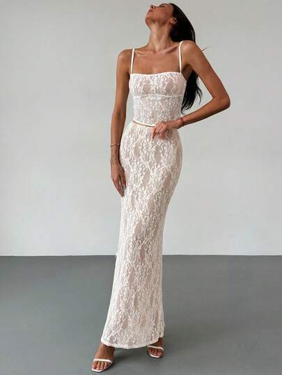 Aloruh Romantic Lace White 2 Pieces Set, Elegant Backless Lace Camisole & Low Waist Tight Lace Maxi Skirt, Suitable For Spring/Summer, Wedding Season