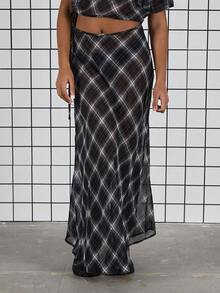 COUREZ Low Rise Check Sheer Maxi Skirt /Y2K Spring Clothes For Women - Multicolor - View 4