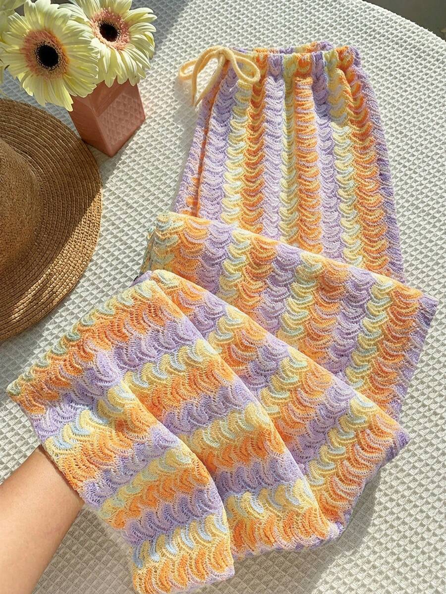 SHEIN Comfortcana Quần ống rộng dáng suông in họa tiết nhiều màu, kiểu dáng đi nghỉ mát dành cho nữ, có dây rút ở eo, thích hợp cho mùa xuân/hè. - Nhiều màu - Xem 1