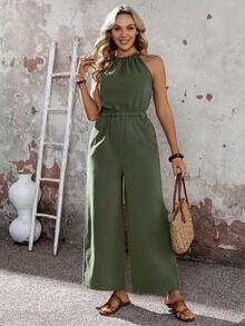 SHEIN LUNE Women's Solid Color Sleeveless Casual Jumpsuit With Pockets, Daily Wear Beach - Green - View 5