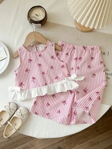 SHEIN 女婴可爱度假休闲条纹荷叶边吊带背心和松紧腰裤套装 - 彩色 - 查看 3