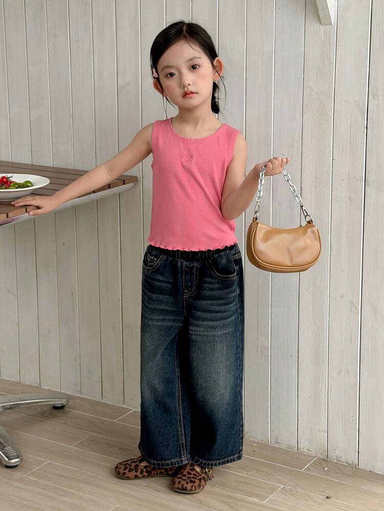 Young Girls Versatile Loose Fit Washed Denim Jeans, Suitable For All Seasons