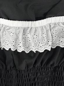 SHEIN 女士拼接彩色刺绣荷叶边设计时尚百搭休闲上衣 - 黑色 - 查看 5