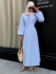 Solavon 女士条纹印花系带休闲长袖连衣裙 - 藍色 - 查看 5