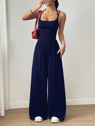SHEIN PETITE Women's Casual Pleated Loose Straight Leg Jumpsuit, Versatile For All Seasons Wide Leg Jumpsuit