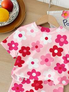 SHEIN Little Byeori 2件套女童休闲碎花短袖圆领T恤短裤套装，适合夏季穿着 - 彩色 - 查看 5