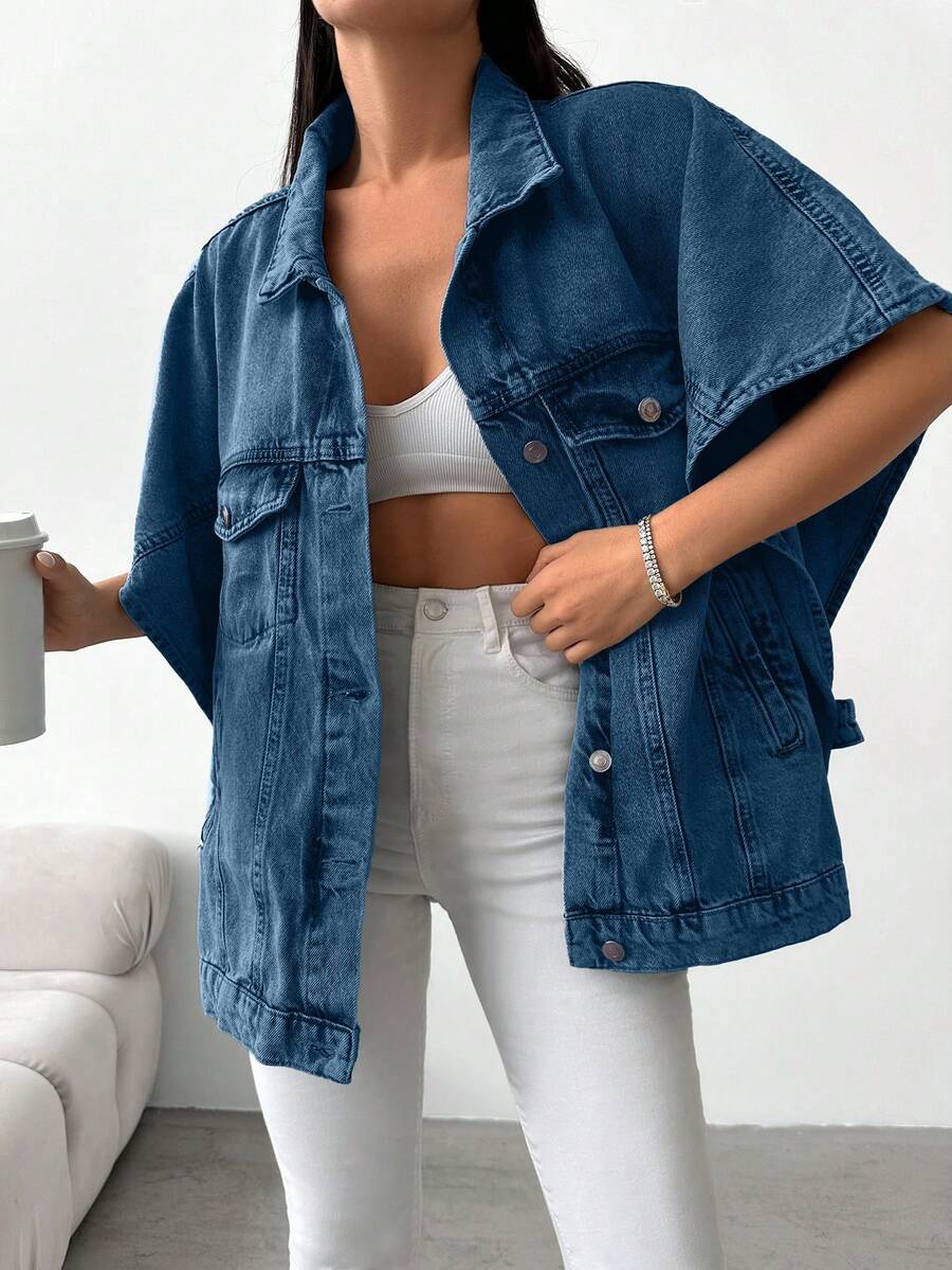 100%Cotton Flap Pocket Batwing Sleeve Denim Jacket - Royal Blue - View 1
