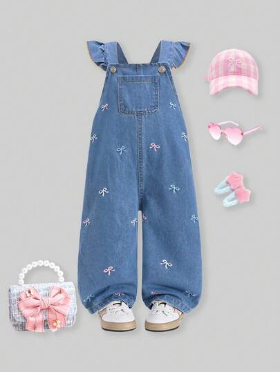  SHEIN Infant/Toddler Girls' Fashionable Cute Jeans, Vintage Light Blue Denim, Multi-Color Bow Embroidery Decor, Ruffle Strap Design, Soft & Comfortable Fabric, Versatile Daily Wear
