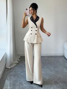 Elenzga Women's Elegant Commuter Elegant Sleeveless Contrast Color Waist A-Line Pants Suit, Suitable For Daily Wear, Work Commute And More Occasions, Spring/Autumn - Apricot - View 7