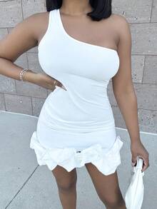 Alexandranx 單肩荷葉邊緊身洋裝 - 白色 - 查看 5