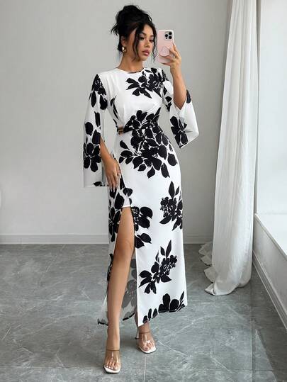 SHEIN Raffinéa 女士优雅印花开衩袖褶皱腰部金属扣开衩下摆连衣裙