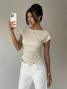 Aloruh 女士休闲圆领T恤，腰部收褶设计，纯色T恤，适合日常通勤和居家穿着，短袖针织T恤，雪纺面料 - 杏色 - 查看 7