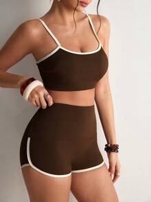 Freevana 女士橄榄绿冲浪风吊带泳衣，高腰收腹，撞色滚边，复古运动风沙滩装，女士比基尼，海滩度假新品 - 咖啡棕 - 查看 5