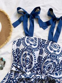 Soleia Combinaison courte à imprimé floral coloré pour femmes, convient pour la plage, les festivals de musique, le style hippie, les fêtes, les rendez-vous, le thé de l'après-midi - Bleu et Blanc - Voir 6