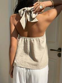 SHEIN EZwear Summer Khaki Woven Casual Halter Neck Blouse For Women - Apricot - View 2