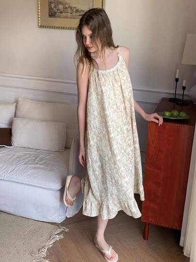 DAZY 少女夏季兔子与花卉印花撞色蕾丝荷叶边宽松吊带睡裙