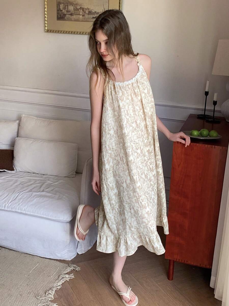 DAZY 少女夏季兔子与花卉印花撞色蕾丝荷叶边宽松吊带睡裙 - 杏色 - 查看 1