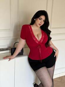 Vibekara Spring, Summer, Fall Elegant Lace Trim V-Neck Long Sleeve T-Shirt, Sexy Knit Fabric Patchwork Blouse - Red - View 3