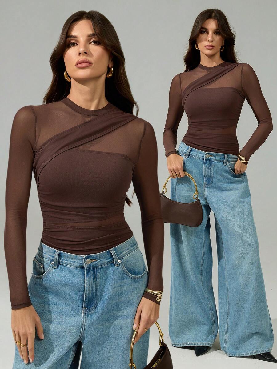 SHEIN Tall Brown Bodysuit For Women Sheer Mesh Long Sleeve Ruched Mock Neck Top, Suitable For Cocktail Party, Romantic Date, Winter Base Layer See Through Top