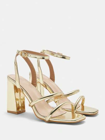 CUCCOO CURVES Women Shoes Wide Fit Square Head Thick High Heel Gold Ankle Strap Thin Strap Stylish Sexy Comfortable Commuter Women High Heel Sandals Plus Size