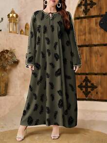 SHEIN Najma Plus Size Women's Leaf & Plant Print V-Neck Tie Front Long Sleeve Elegant Arabic Style Maxi Dress, Spring - Multicolor - View 3