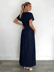 Siren Gaze 女士优雅性感简约纯色收腰高开衩牛仔连衣裙，夏季 - 深色水洗藍 - 查看 5