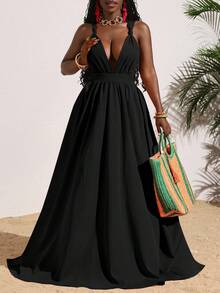 SHEIN Slayr Women's Sexy Solid Orange Deep V-Neck Backless Criss-Cross Tie Long Dress, Summer Vacation Wrap Around Dresses For Ladies Women Dress Deep V Neck Dress Maxi Dress Black Dress - Black - View 7