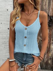EMERY ROSE Women's Light Blue Chic Knitted Semi-Sheer Eyelet Embroidery Cami Top V Neck Regular Length,Summer Boho Casual Vacation Holiday Tank Top For Concert - Blue - View 4