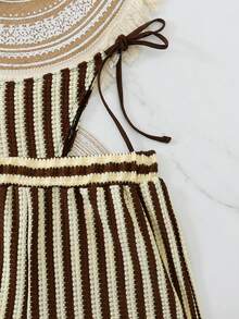 Swim Vcay 3pcs/Set Bohemian Style Crochet Fabric Drawstring Swimwear Cover Up Bikini Set - Coffee Brown - View 5