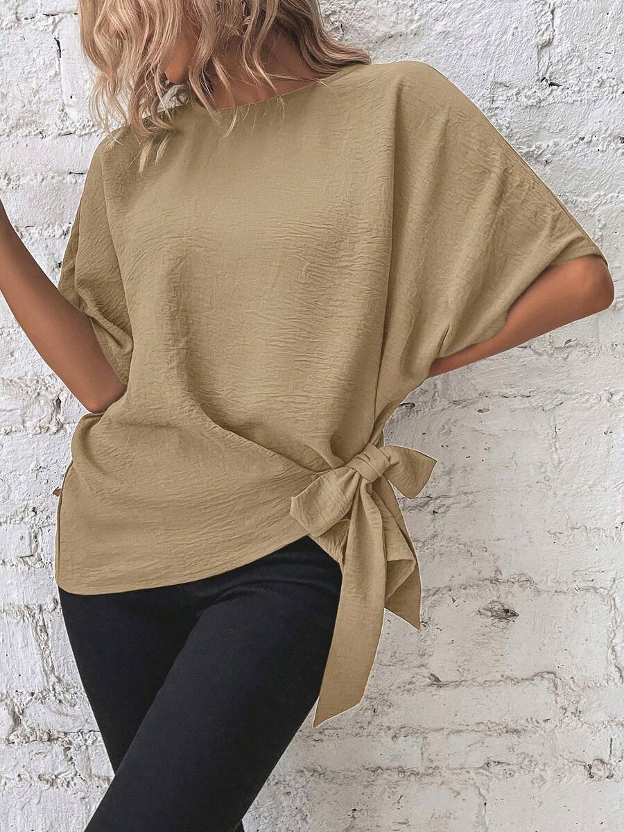 Flexra 女士纯色简约短袖衬衫，休闲日常穿着 - 卡其色 - 查看 1