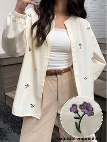 Mulvari Áo sơ mi dài tay thêu hoa dành cho nữ - Màu Hồng baby - Xem 1