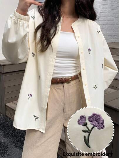 Veilorie Women's Floral Embroidered Long Sleeve Shirt