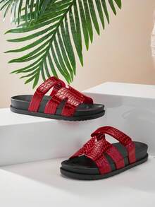 SHUZIA 圆头双带平底拖鞋凉鞋度假风夏季鞋春季鞋春假复活节度假鞋休闲鞋沙滩鞋 - 紅色 - 查看 6