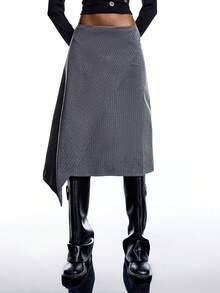 LYSMO 女式条纹印花不对称下摆开叉半身裙 - 深灰色 - 查看 4
