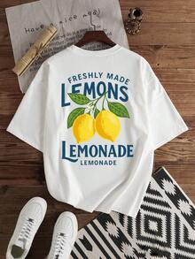 Manfinity Joysei 男士休闲柠檬印花宽松圆领T恤，适合日常穿着和外出活动 - 白色 - 查看 3